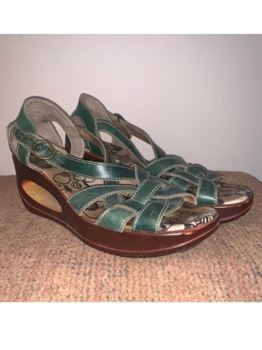 Fly London Teal Leather Wedge Sandals